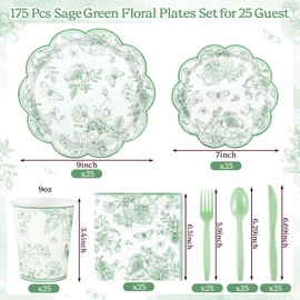 NatNarr 175 Pcs Sage Green Floral Plates and Napkins 25 Guest Scalloped Toile Chinoiserie Party Supplies Includes Floral Plates Napkins Cups Plastic Cutlery for Wedding, Bridal&Baby Shower, Tea Party