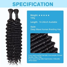 Human Braiding Hair Deep Water Wave Bulk 20 Inch Natural Color 100g Curly Hair for Boho Braids Extensions No Weft 2 Braids Per Pack Wet and Wavy