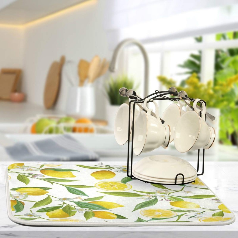 Lemon Flowers Dish Drying Mat for Kitchen, Absorbent Microfiber Drying