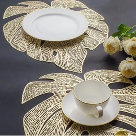 Topyond Elegant Gold Leaf Shape PVC Placemats Set Of 6,Heat Resistant Durable Table Mats,Hollow Out Design for Stylish Decor,for Kitchen, Restaurants, Parties,Large Size 33x45cm