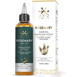 AVD Organics Rosemary Hair Oil with Biotin – Strengthening, Nourishing, and Volumizing | Infused with Jojoba & Castor Oil | Non-GMO, 120ml