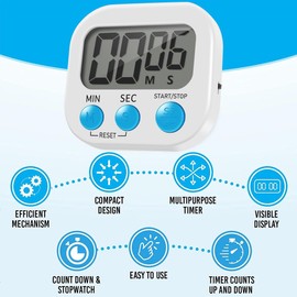 Digital Kitchen Time Tracker with Large LCD and Magnetic Stopwatch. Portable Electronic Clock, Count up & Count down/Backing Stand/Hanging Hole with Loud Alarm for Kitchen, Study & Exercise. (White)