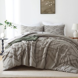 Oli Anderson Boho Tufted Comforter Set Queen Size, 3 Pcs Soft Jacquard Bedding Set for All Seasons, Shabby Chic Farmhouse Bedding Set with Comforters for All Seasons (Grey, Queen)