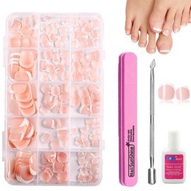 240pcs French Press on Toenails - Square Fake Toenails & False Toe Nails Short with Glue - 15 Sizes Stick on Toenails for Women Girls - Reusable & Natural Look