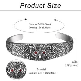 Aroncent Viking Owl Cuff Bracelet: Adjustable Stainless Steel Wide Bangle with Crystal Eyes - Vintage Norse Spirit Animal Jewelry for Men