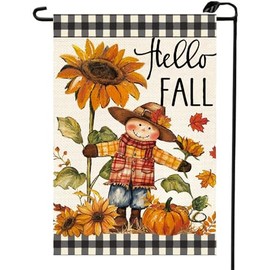 Hello Fall Scarecrow Pumpkin Garden Flag 12x18 Inch Double Sided Burlap Autumn Seasonal Thanksgiving Sunflower Buffalo Plaid Check Small Flags Porch Patio Farmhouse Outside Decorations For Yard QJ67