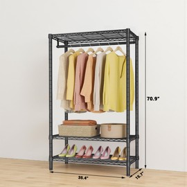 Heavy Duty Clothes Garment Racks Closet Organizer Portable Clothing Racks for Hanging Coat with Shelves Wardrobe Adjustable Freestanding Sturdy Metal Black Double Rods