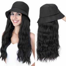SEGO Bucket Hat Wig Long Natural Wavy Hair Extensions With Hat Heat Resistant Synthetic Fiber Extensions 18 Inch 01B Hat with Hair Attached for Women