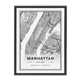 Kate and Laurel Sylvie Manhattan Modern Map Framed Canvas Wall Art by Jake Goossen, 18x24 Gray, Decorative Map Art for Wall