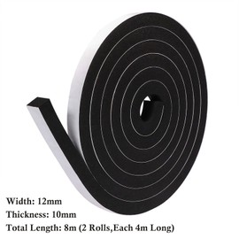 fowong Foam Tape, 2 Rolls 12 mm(W) x 10 mm(T) Total 4M Long, Draught Excluder for Windows and Doors, Door Draft Excluder Strip, Window and Door Soundproofing, Anti-Collision, Gap Sealing, Black