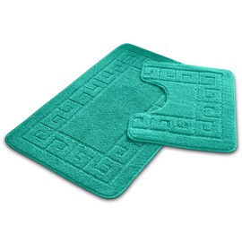 VELVETIO Bath Mat Set 2 Piece Machine Washable for Bathroom, Jacquard Greek Non Slip Quick Dry Shower Rugs & Bathtub Mats, Highly Water Absorbent 100% Polypropylene Toilet Rug Sets, Teal
