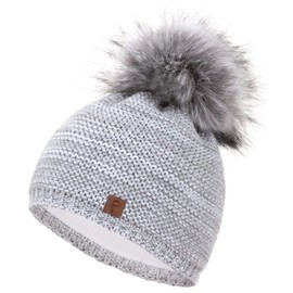 Faera Winter Warm Lined Faux Fur Bobble Hat, Fleece Lining, Winter Knitted Beanie Hat, Unisex, One Size -