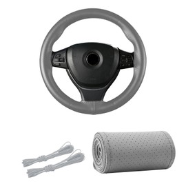 Kewucn Genuine Leather Steering Wheel Cover, 15" Universal Car Steering Wheel Protector with Needle Thread, Breathable Anti-Slip Steering Wheel Cover DIY Stitch on Wrap (Gray, Full Hole)