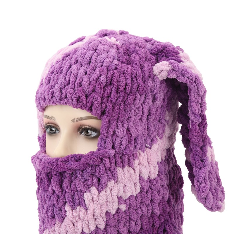 Bunny Ear Knitted Hat Purple Warm Windproof Thicken Stretchy Stylish