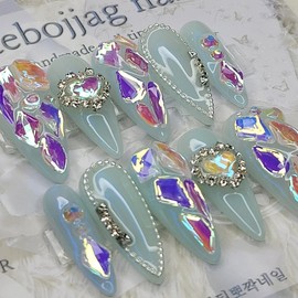 Blue Aurora Handmade Nail Tips - Oval L / 블루 오로라 수제네일팁 - 오벌L