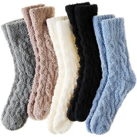 ZANZER (5 Pairs) Fuzzy Socks For Women Slipper Warm Fluffy Soft Winter Cozy Plush Sleep Cabin Christmas Home Sock (Black+White+Gray+Blue+Medium Curry)