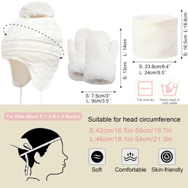 CheChury Children's Hat Scarf Gloves Set Boys Girls Knitted Hat with Pompom Tube Scarf Baby Winter Hat Beanie Hat Scarf Set Winter Hat Winter Scarf Warm Inner Lining for Children 1-6 Years, White