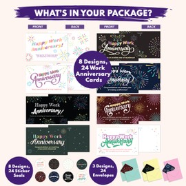 Decorably Work Cards with Envelopes & Stickers - 24 Pack Happy Work Anniversary Cards for Employees with Envelopes & Stickers, Blank Inside 6x4in Employee Anniversary Cards for Employees