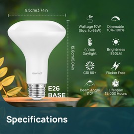 Linkind BR30 LED Bulbs Dimmable, 65W Equivalent, 5000K Daylight, 850 Lumens, Recessed Bulb, Indoor Flood Light Bulb for Recessed Cans, 12 Packs