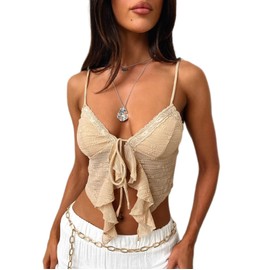 Women's Sexy Lace Up Padded Camisoles Spaghetti Straps V-Neck Ruffle Crop Tops Y2K Cami Shirt Streetwear (Khaki, S)