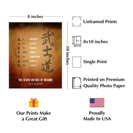 Seven Virtues Of Bushido - Inspirational Quotes Wall Art, Motivational Wall Decorations, Perfect Aged Parchment Print For Home, Dojo, Gym Decor, Office Wall Decor. Timeless Virtues. Unframed-8 x 10"