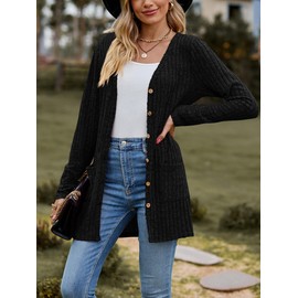 MYCOLORBLUE Old Times Cardigans for Women Elegant Ribbed Cardigan Long Sleeve Button Placket with Pockets Knitted Cardigan, black