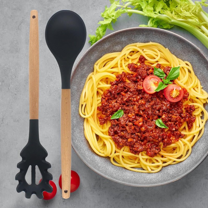 Silicone Pasta Fork and Silicone Cooking Spoon Set, Large Non