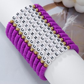 Fuqimanman2020 12Pcs Polymer Clay CHEER Stretch Bracelets Multicolor Friendship Cheerleader Bracelets for Team Cheer, 7, Polyvinyl Chloride, no gemstone