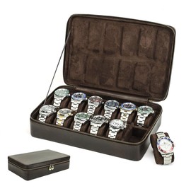 Contacts 12 Watch Case Travel Leather Watch Box, Crazy Horse Leather Zipper Watch Roll Organizer for Men Watch Holder Display Protector