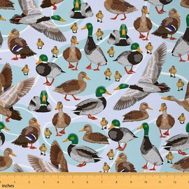 Cute Duck Fabric by The Yard Watercolor Cartoon Mallard Birds Decor Fabric for Kids Sewing Supplies Lovely Wild Animals Rustic Style Fabric for Room Decor and DIY Upholstery 1 Yard