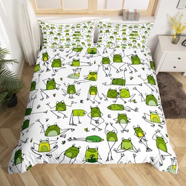 Erosebridal Green Frog Duvet Cover Funny Frog Bedding Set Twin Size,Cartoon Wild Animals Comforter Cover for Kids Child Toddler Boys,Cute Reptile Bed Set Trippy Lovely Wildlife Bedroom Decor