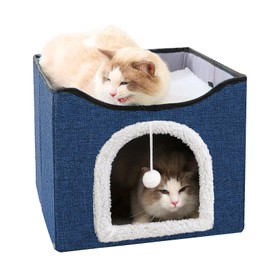 Cat Bed for Indoor Cats Cube House, Covered Cat Cave Beds & Furniture with Scratch Pad and Hideaway Tent, Cute Modern Cat Condo for Multi Small Pet Large Kitten Kitty (Dark Blue)