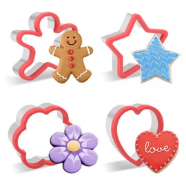 4Pcs Cookie Cutter Set, Heart Cookie Cutters, Gingerbread Shape Biscuit Cutters, 3 Inch Star Cutter, Flower Stainless Steel Cookies Press for Christmas and Winter Holiday
