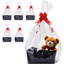 5 Pcs Black Basket 9.8 x 6.7 x 4.3 In for Gifts Empty DIY Bulk Party Gift Basket Kit with Handles with 5 Bag 5 Bow Market Tray for Gift Packages Wrapping Anniversary Birthday Wedding Party Gift