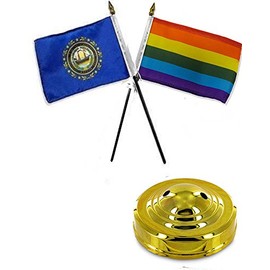 State New Hampshire & Rainbow Gay 4"x6" Flag Desk Set Table Stick Gold Base