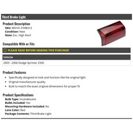 Marketplace Auto Parts 3rd Third Brake Light Lens - Stop Lamp - Compatible with 2003-2006 Dodge Sprinter 2500 (Except High Roof)