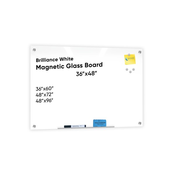 Frameless Magnetic Glass Board 36"x48", White Surface Glass Board -