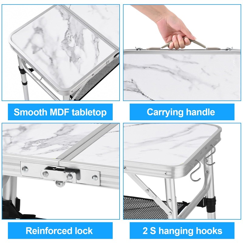 YUFIFAIRY Small Folding Camping Table, 2ft Portable Table with 3