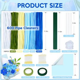 Miuhoemy 600 Pcs Pipe Cleaners Craft, Chenille Stems with Floral Wires, Gardening Tape,Stamen,Ribbon,Bouquet Wrapping Papers for DIY Art and Craft Projects Decorations (Blue)