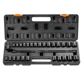 VEVOR Drive Impact Socket Set,  SAE 1/4"-3/4" and Metric 6-19mm, 6 Point Cr-Mo Alloy Steel for Auto Repair, Includes Extension Bars Universal Joint Adapter Lock Storage Case Tool Box:_29PC CR-V - 3/8" SAE&Metric