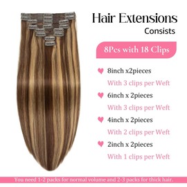 Clip in Hair Extensions Real Human Hair 3.6oz/100g 100% Human Hair Extension for Women 8pcs Per Set With 18 Clips Double Weft (16 Inch #4/27 Chocolate Brown to Honey Blonde)