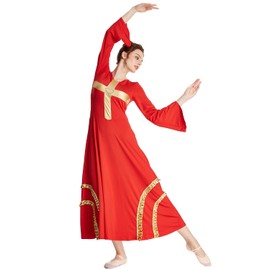 HIHCBF Women Praise Dance Cross Robe Bell Sleeve Worship Dresses Metallic Ruffles Wide Swing Liturgical Lyrical Costume Red L