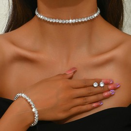 ALRNBY Silver Jewelry Set for Women Faux Diamond Bridal Jewelry Sparkly Tennis Necklace Dainty Rhinestone Choker Bracelet Earrings for Wedding (1-Layer-Jewelry Set)