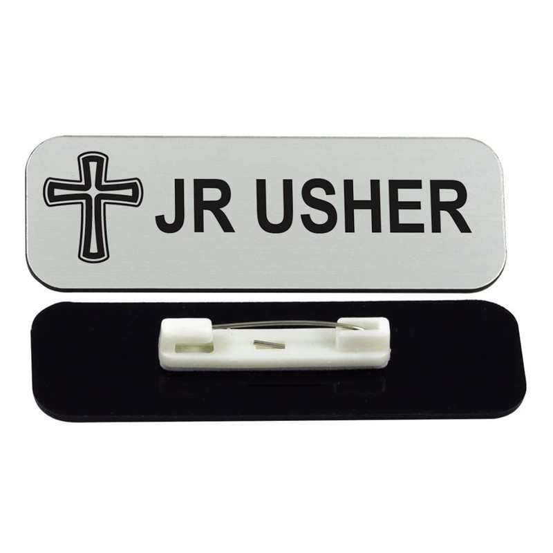 Jr Usher 1 x 3 Name Tag/Badge, Silver, Cross Design