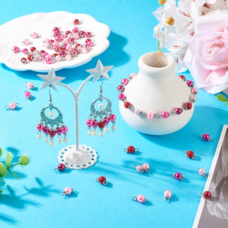 Pandahall 80Pcs Glass Pearl Connector Charms 13mm Pastel Pink Red
