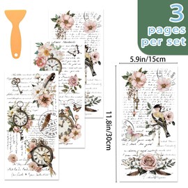 ORIGACH 3 Sheet Vintage Floral, Bird, Clock & Feather Rub on Transfers for Crafts and Furniture Floral Home Decor Transfers Wall Art Decals for Bedroom Living Room Desk Table Decor, 6 x 12
