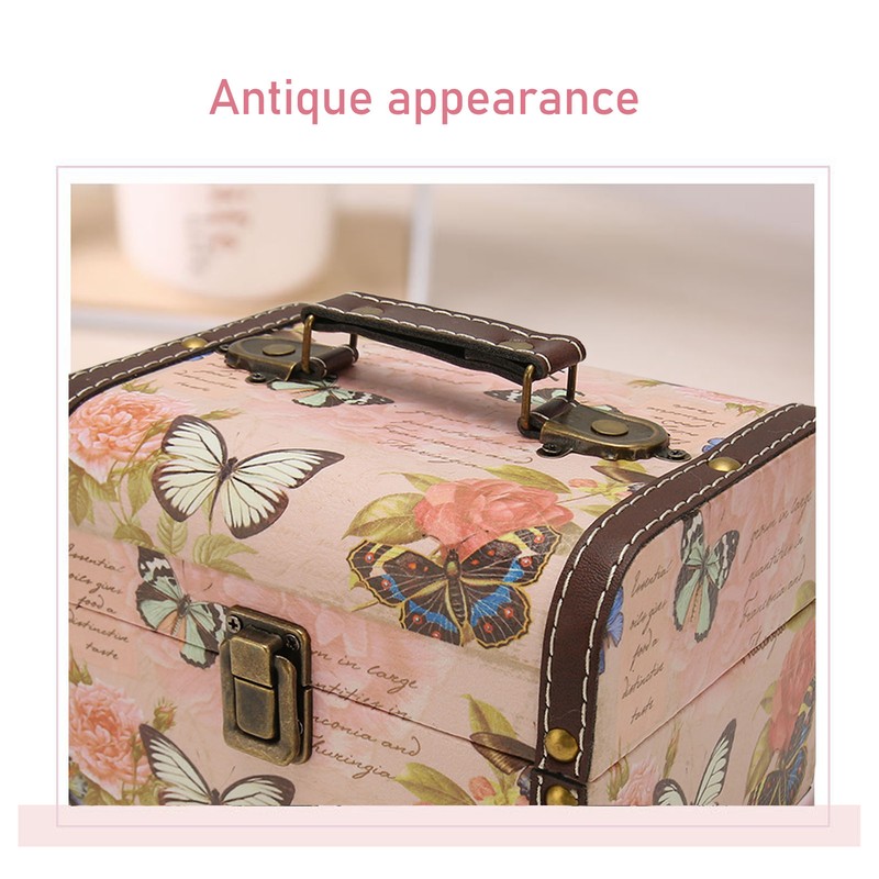 Treasure Chest Box Pink Butterfly Pattern Exquisite Retro Wooden PU