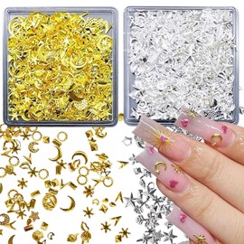 Star Nail Charms for Nails Gold Silver Stars Moon Nail Charms and Gems 2 Box Mixed Metal Nail Art Studs Rhinestones Shiny Star Nail Jewelry Acrylic Nails Decorations for Women Girls Manicure Kit