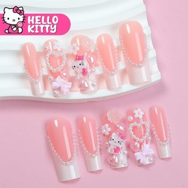 QQPPOLIU Cute Press on Nails Long Square Glue on Nails Pink Stick on Nails French Tip Fake Nails Full Cover Nails for Women and Girls 24pcs
