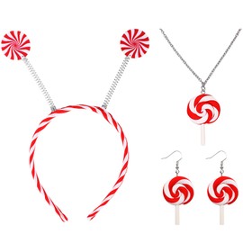 Yuefunny 4 Pcs Candy Costume Accessories Lollipop Headband Necklace Earring Women Photo Props Outfit(Red White,4x9in)